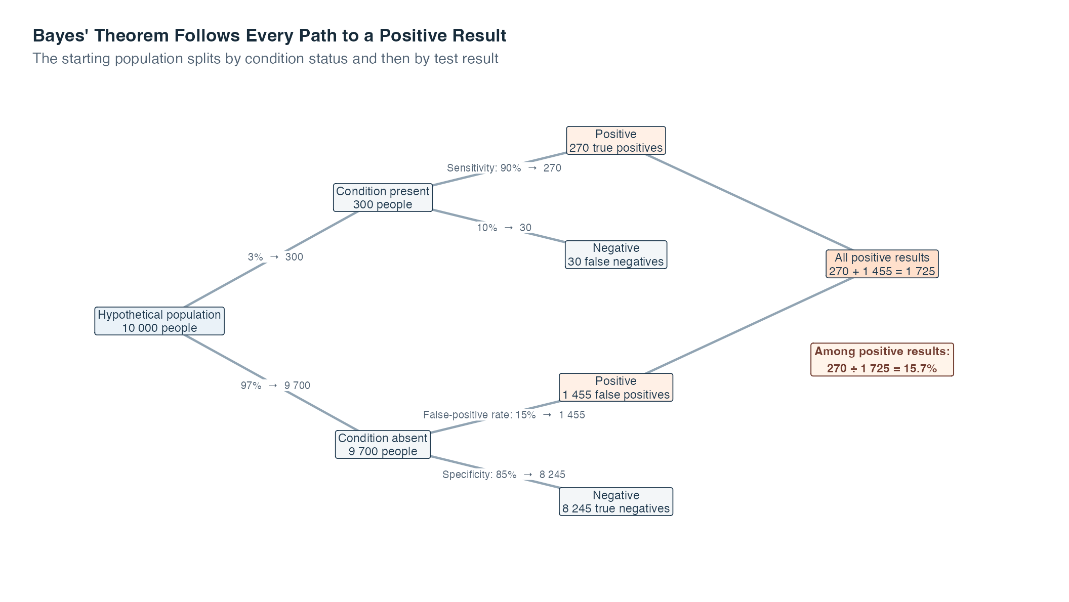 A branching diagram starts with ten thousand hypothetical people, separates three hundred with the condition from nine thousand seven hundred without it, and then separates positive and negative results. The two positive branches contain two hundred seventy true positives and one thousand four hundred fifty-five false positives, which combine into one thousand seven hundred twenty-five positive results.